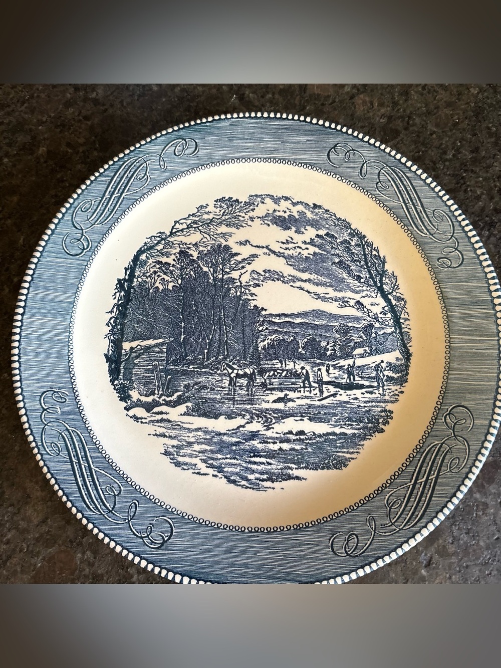 CURRIER & IVES Royal China USA 12” CHOP PLATE Blue Transferware Round Platter